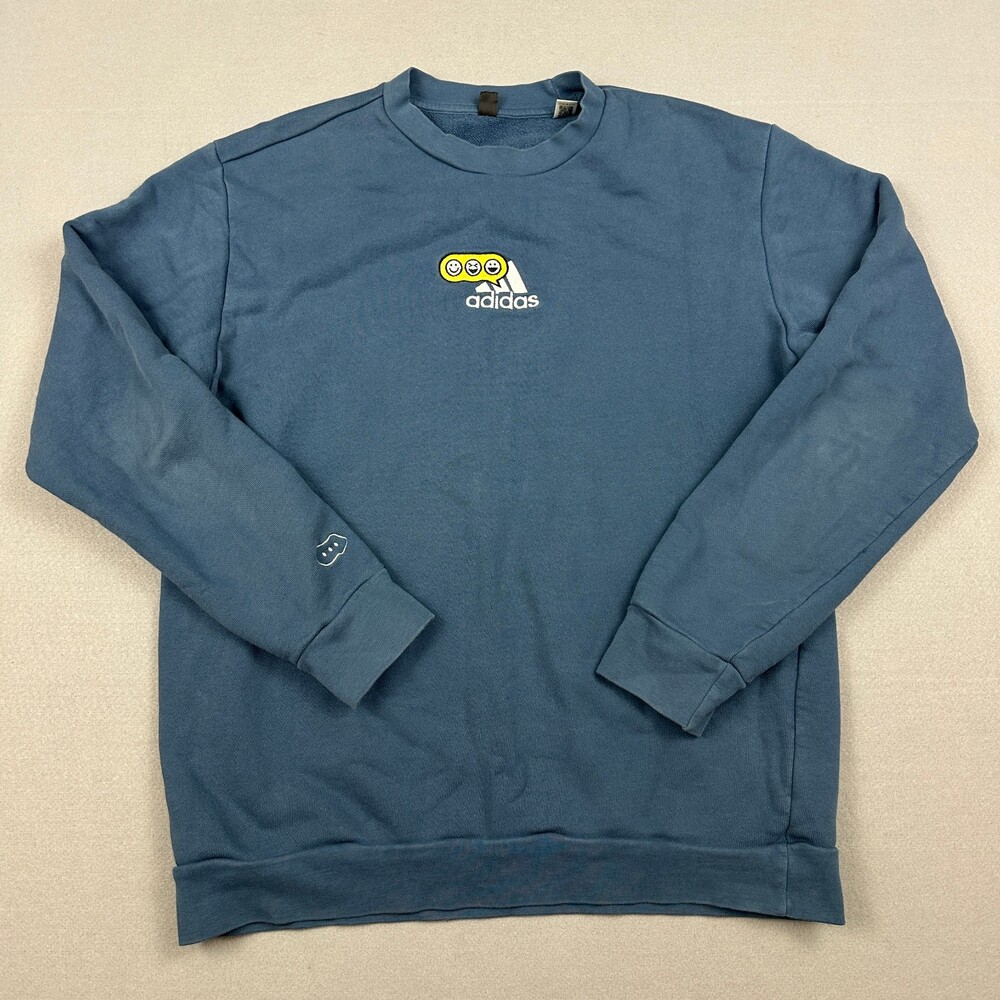 Adidas Sweatshirt Men Medium Blue Smiley Emoji Embroidery Pullover Crewneck M *